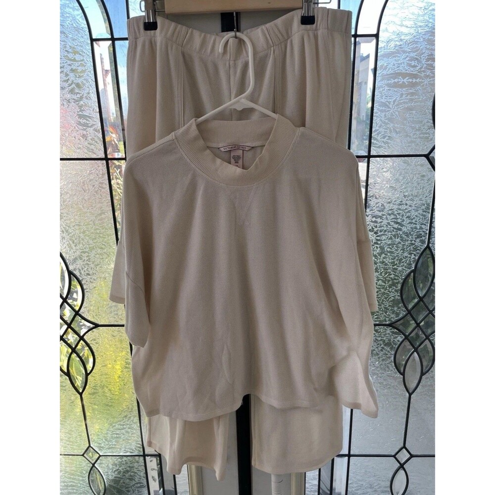 Victoria Secret Womens Waffle Henley Cotton Pajama Jogger Set Large Ivory Soft